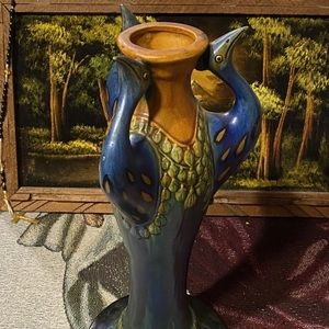 Vintage Peacock Art Pottery Vase Italian Faience - C. 1910-1930 RARE